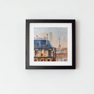 A quiet Parisian rooftop scene painted in watercolor, where soft evening light meets weathered stone, slate roofs, and the distant silhouette of the Eiffel Tower. This piece captures the intimate charm of everyday Paris — a fleeting moment suspended between city life and stillness. Delicate washes and layered textures bring warmth, atmosphere, and a sense of nostalgia to the composition. Original watercolor on paper, created to evoke the romance and poetry of Paris from above.